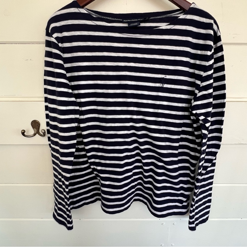 Ralph Lauren Sport Navy & White Striped Long Sleeve Tee Cotton Logo. Size XL.